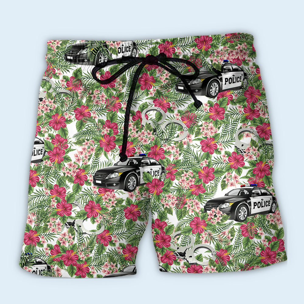 Police Car Floral Leaf Tropical Style – Beach Short