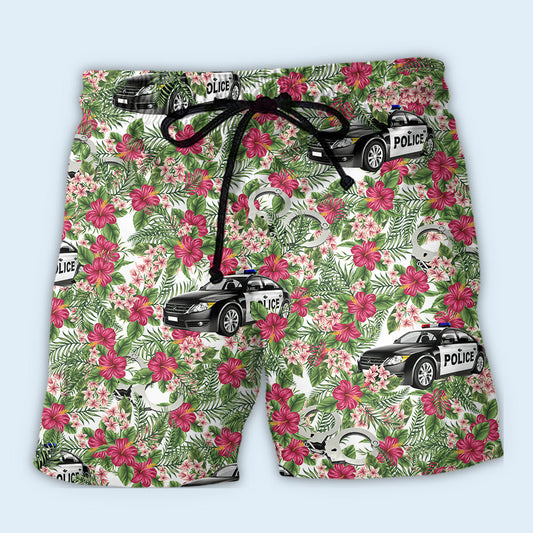 Police Car Floral Leaf Tropical Style – Beach Short