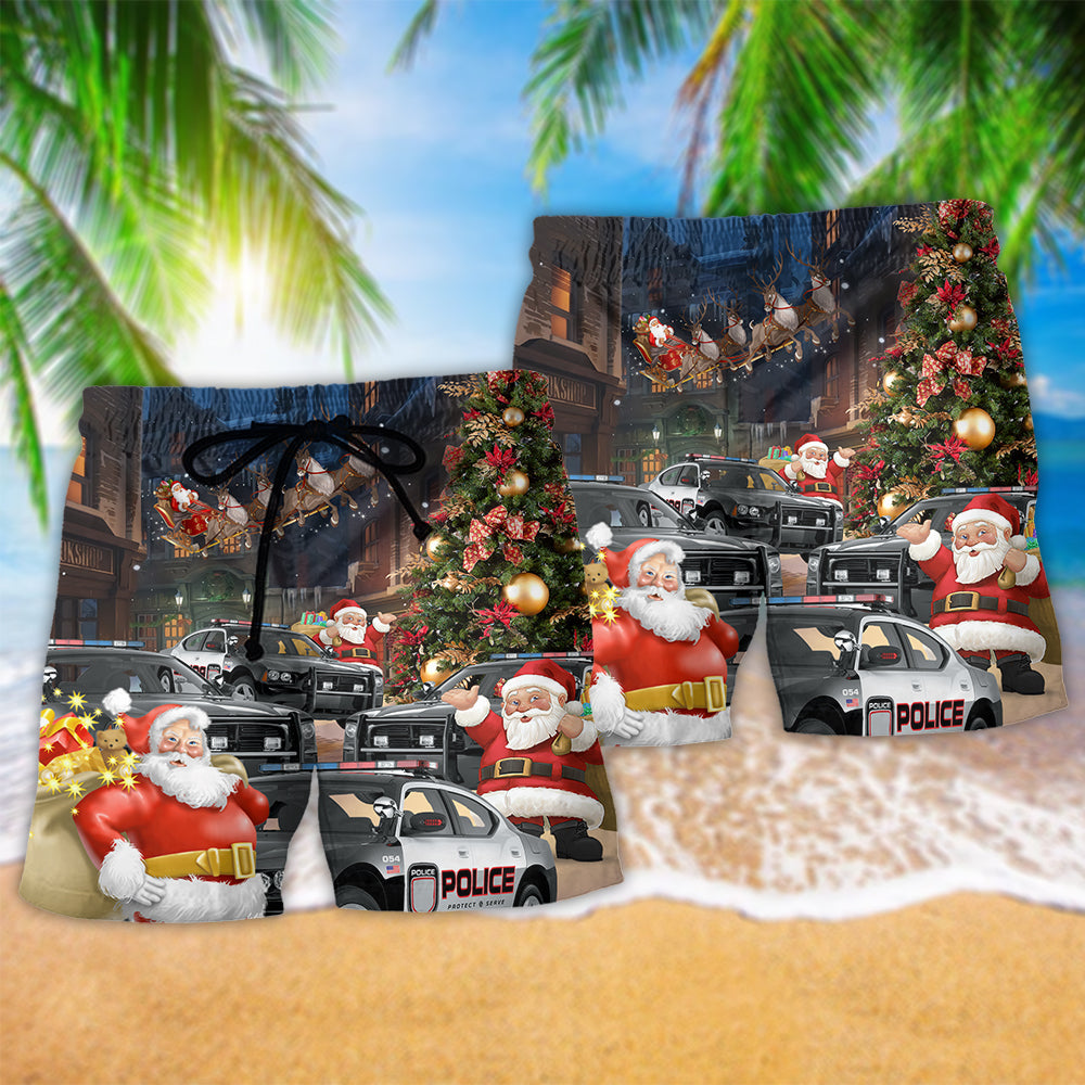 Police Car Santa Holiday Art – Beach Short