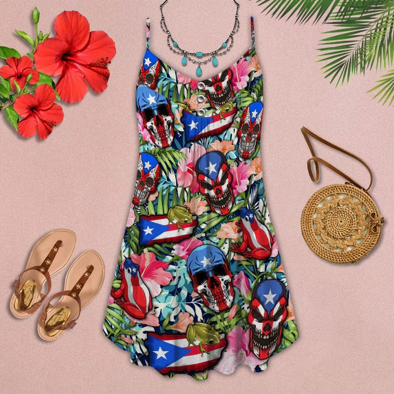 Tropical Floral Skull Style – Women's Summer Sleeveless V-Neck Camisole Dress