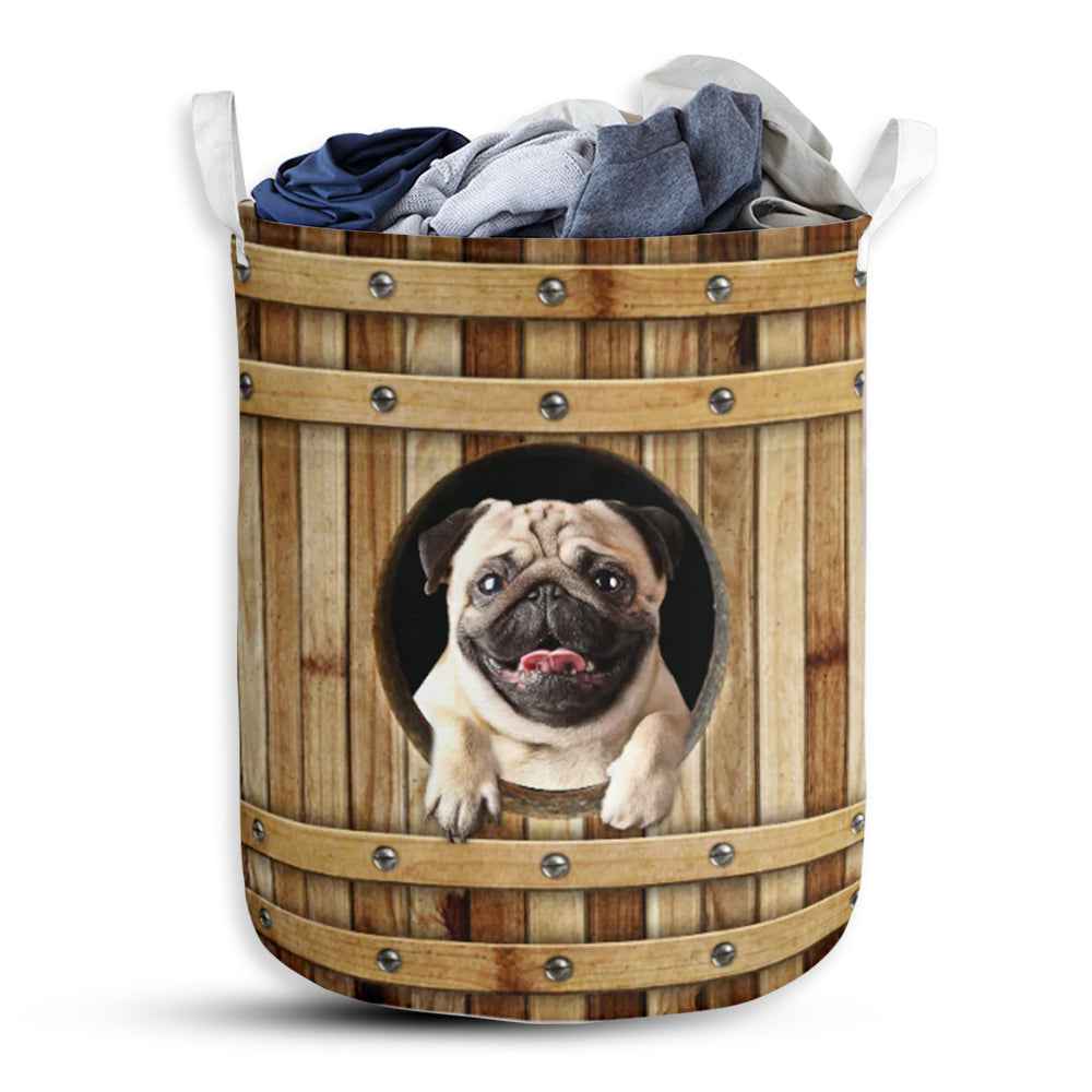 Pug Dog Wooden Barrel - Laundry Basket - Owls Matrix LTD