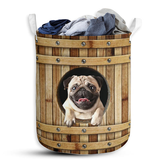 Pug Dog Wooden Barrel - Laundry Basket - Owls Matrix LTD