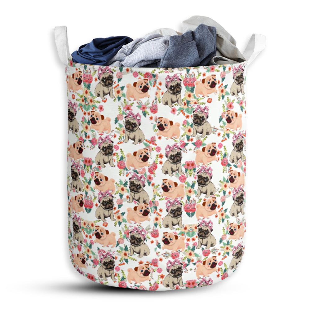 Pug Flower Pattern - Laundry Basket - Owls Matrix LTD
