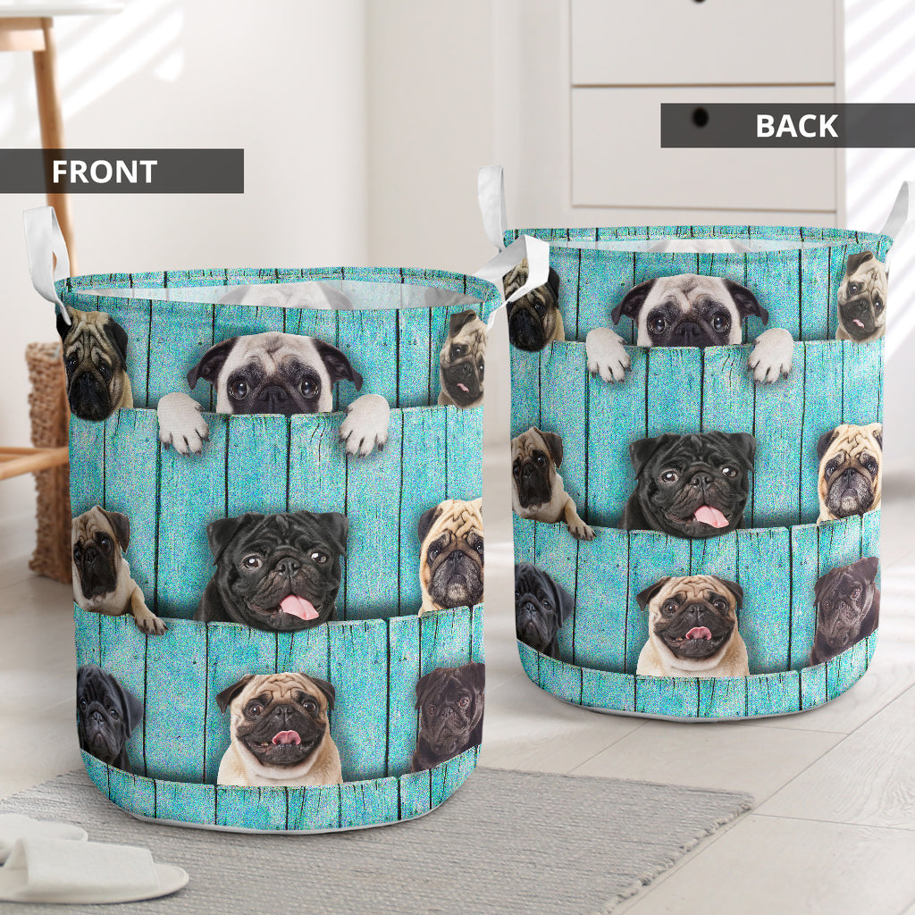 Pug Wood Blue - Laundry Basket - Owls Matrix LTD