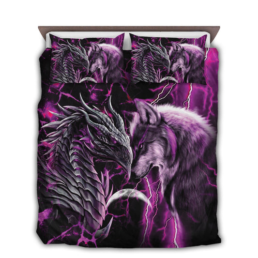 Purple Dragon And Wolf Fantasy Bedding Cover For Fantasy Bedroom Decor