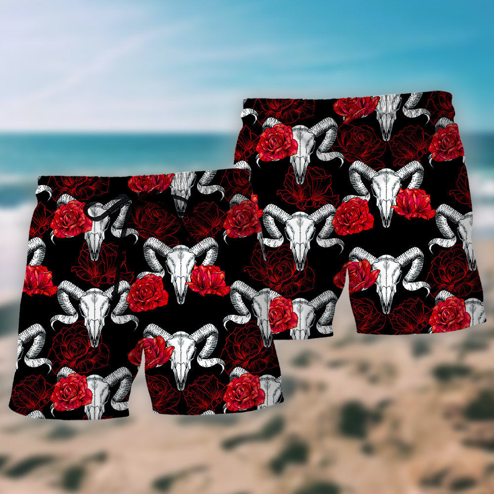 Skull Rose And Ram Artistic Symbol – Beach Short