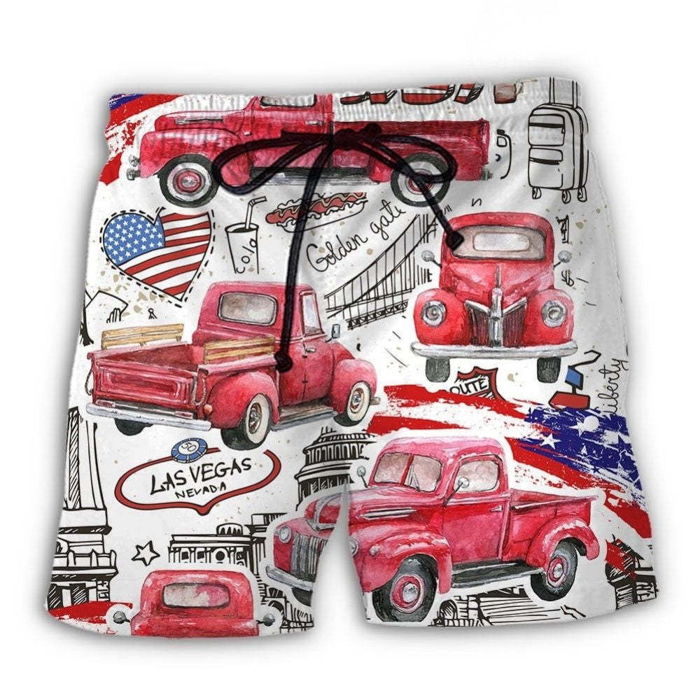Red Truck US Flag Independence Day - Beach Short