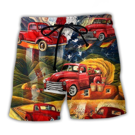 Red Vintage Car Independence Day - Beach Short