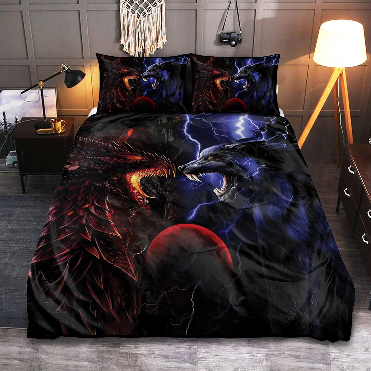 Red And Blue Dragon And Wolf Fantasy Bedding Cover For Fantasy Bedroom Decor