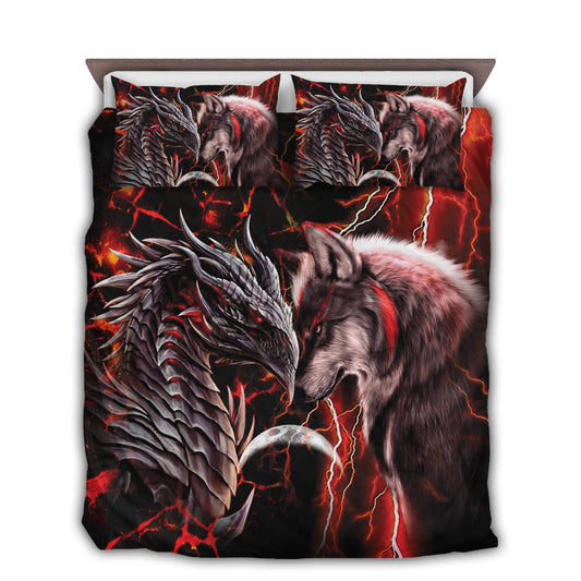 Red Dragon And Wolf Fantasy Bedding Cover For Fantasy Bedroom Decor