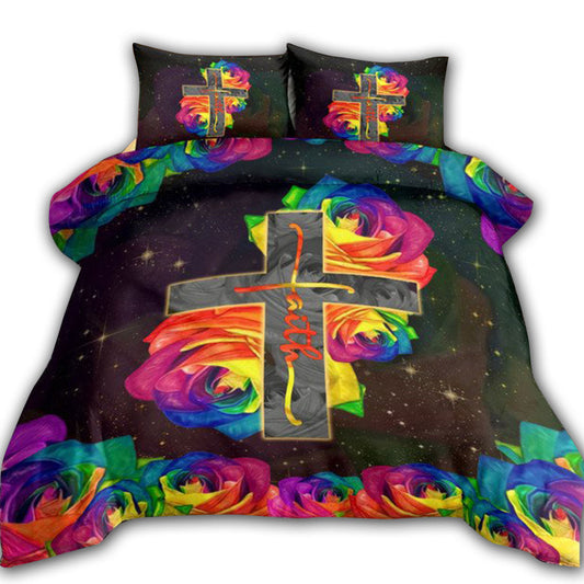 Jesus Rose Cross Rainbow Faith Bedding Cover For Faith Bedroom Decor