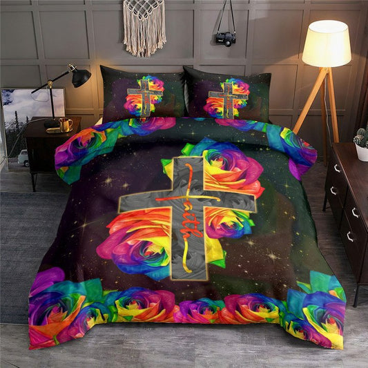 Rose Cross Rainbow Jesus Bedding Cover For Faith Bedroom Decor