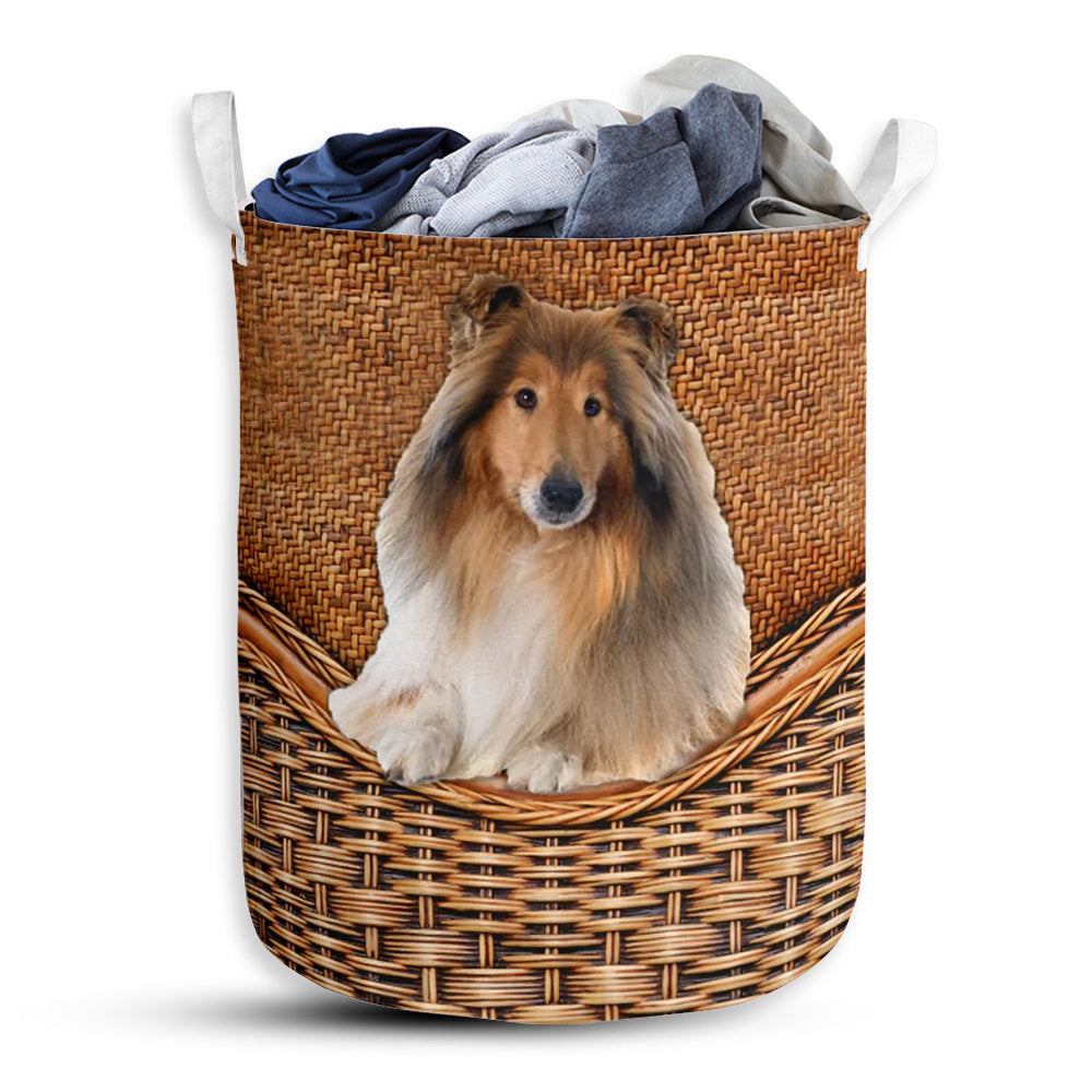 S: 17.72”x13.78” (45x35 cm) Rough Collie Dog Rattan Teaxture - Laundry Basket - Owls Matrix LTD