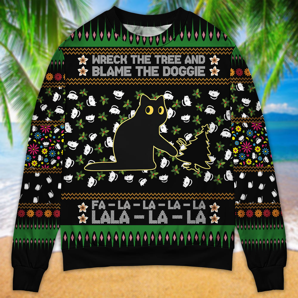 Black Cat Tree Mishap Funny Christmas – Sweater - Ugly Christmas Sweater