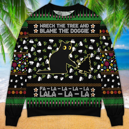 Black Cat Tree Mishap Funny Christmas – Sweater - Ugly Christmas Sweater