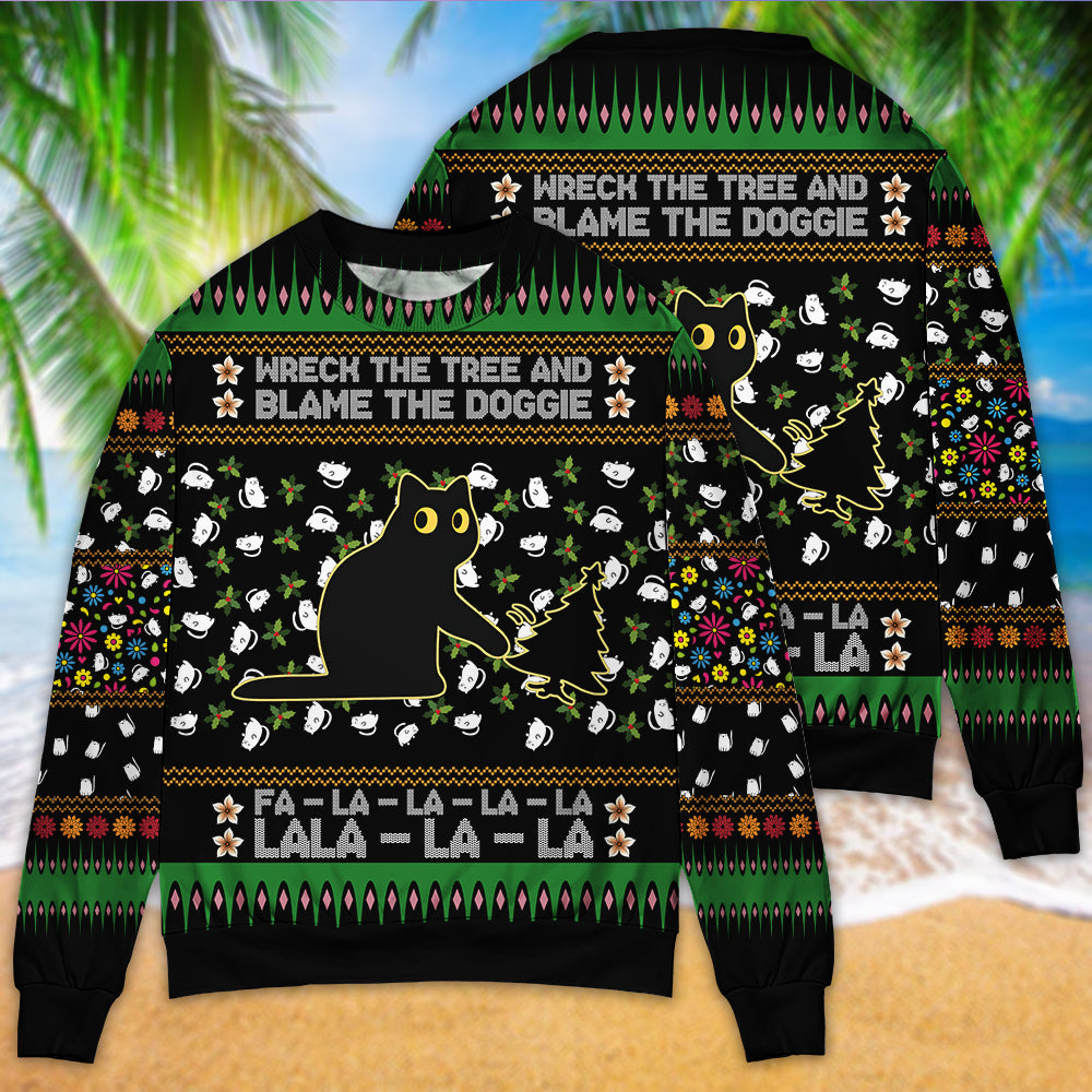 Black Cat Tree Mishap Funny Christmas – Sweater - Ugly Christmas Sweater