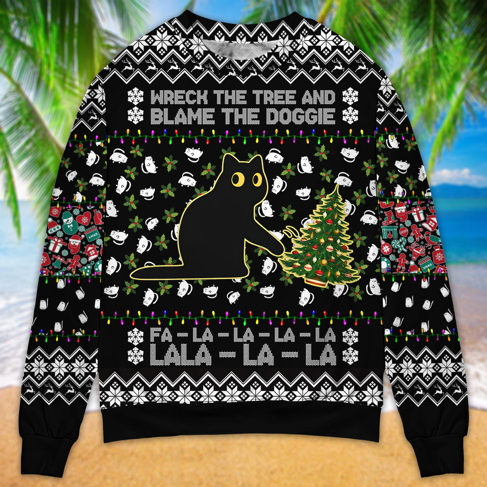 Black Cat Wrecks Tree Funny Christmas – Sweater - Ugly Christmas Sweater