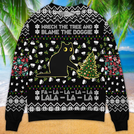 Black Cat Wrecks Tree Funny Christmas – Sweater - Ugly Christmas Sweater
