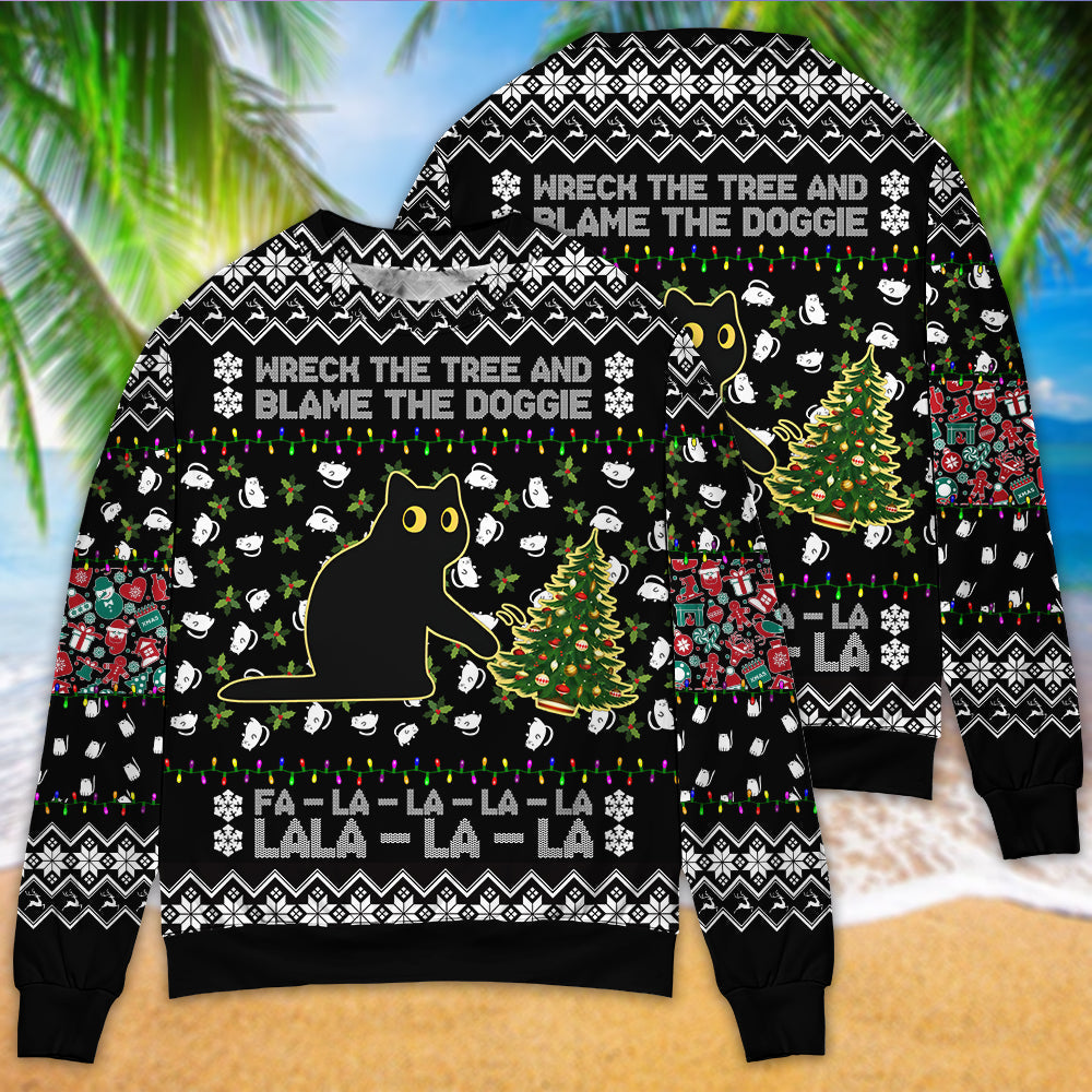 Black Cat Wrecks Tree Funny Christmas – Sweater - Ugly Christmas Sweater