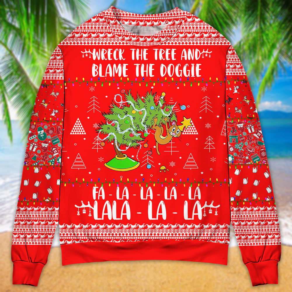 Cat Wrecks Tree Christmas Red Style – Sweater - Ugly Christmas Sweater