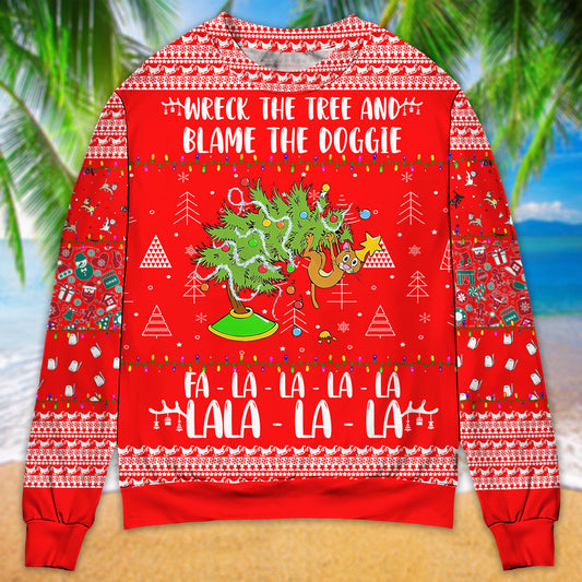 Cat Wrecks Tree Christmas Red Style – Sweater - Ugly Christmas Sweater
