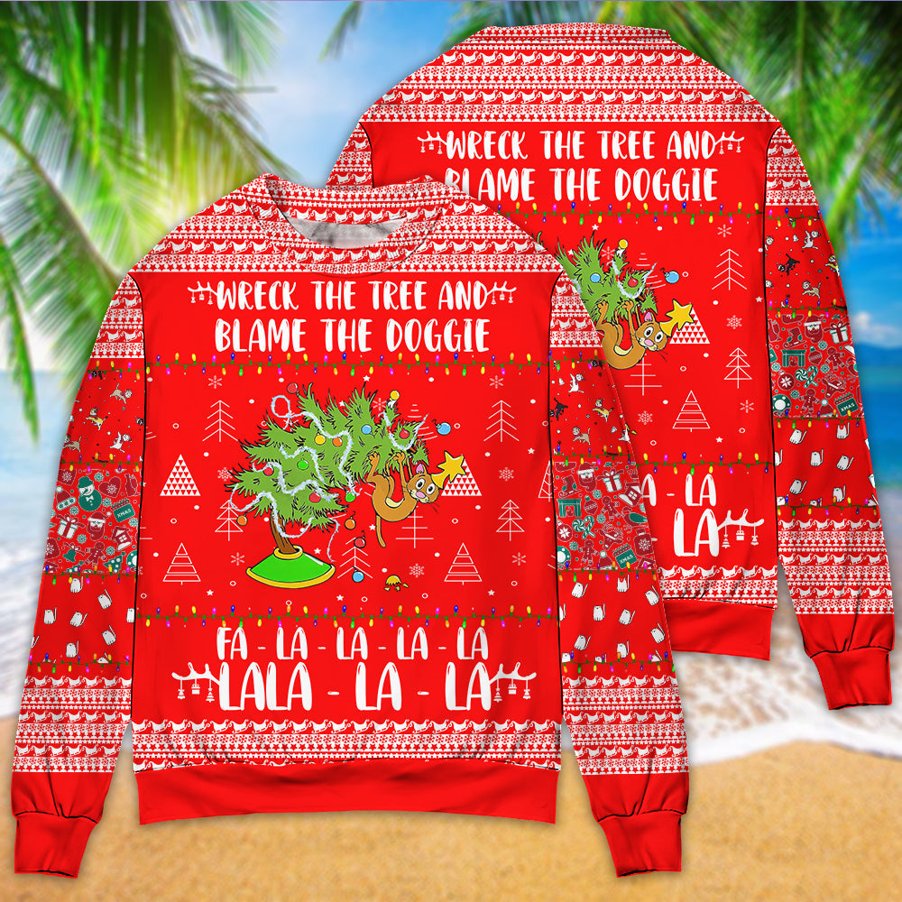 Cat Wrecks Tree Christmas Red Style – Sweater - Ugly Christmas Sweater