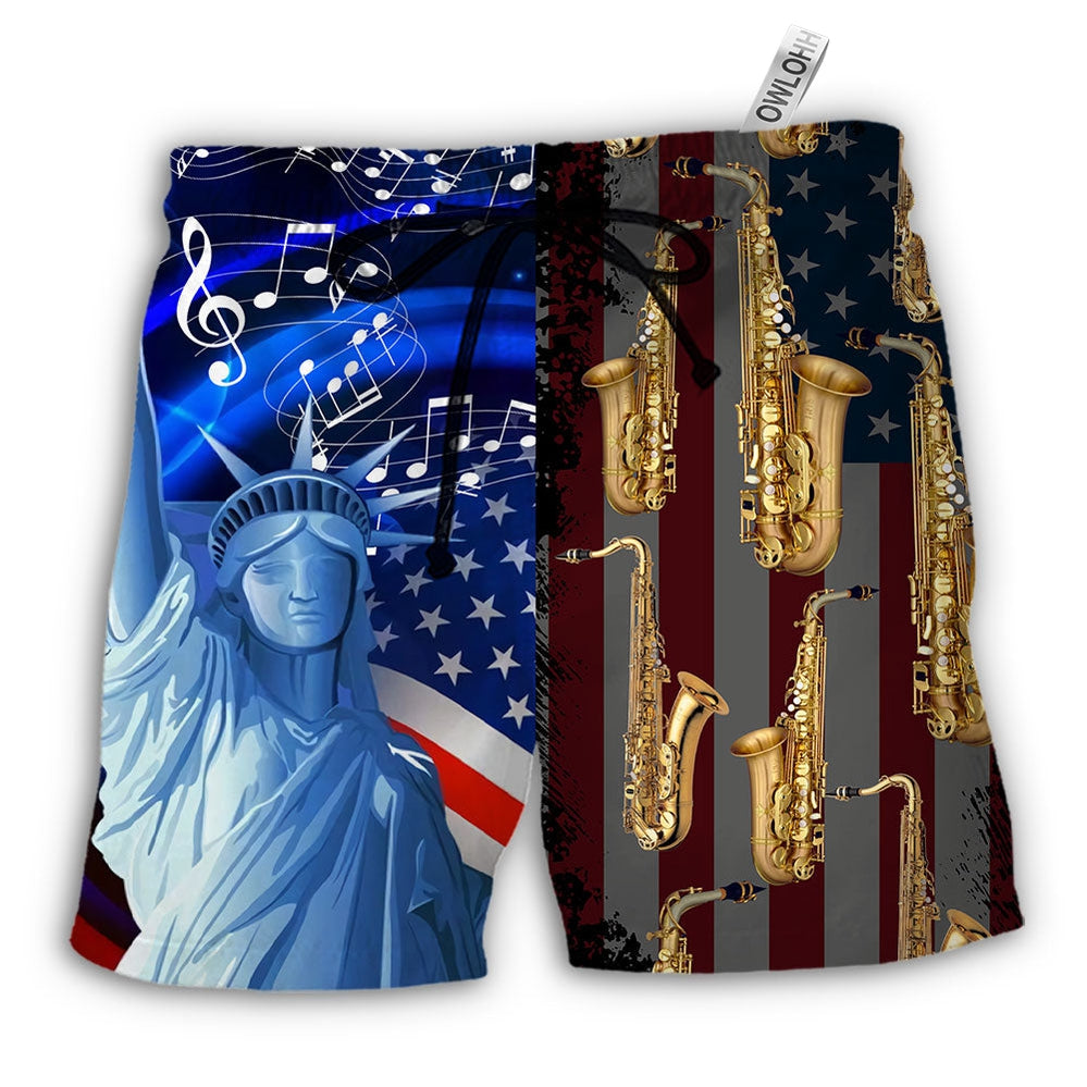 Beach Short / Adults / S Saxophone Music USA Flag Independence Day - Beach Short - Owls Matrix LTD