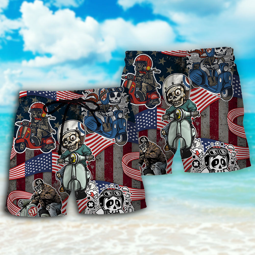 Scooter Skeleton USA Flag Independence Day - Beach Short - Owls Matrix LTD