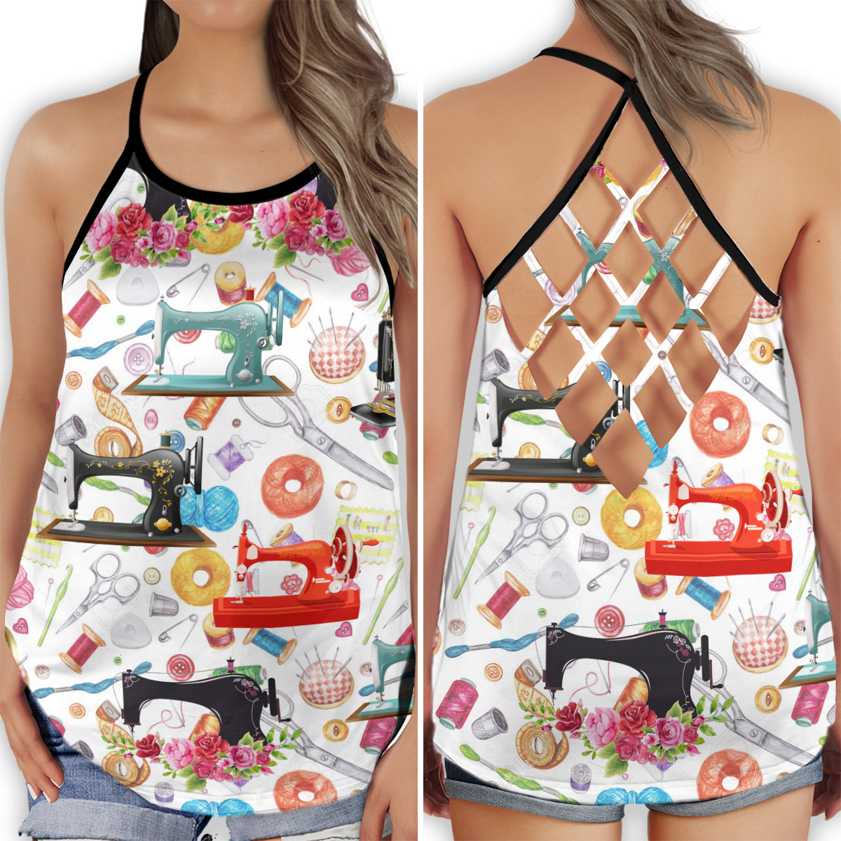 Sewing Is My Happy Place Vibes - Hollow Tank Top