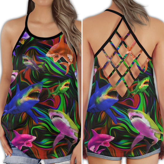 Shark Ocean Wave Stunning Color Marine Design Art - Hollow Tank Top