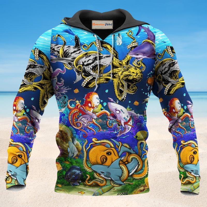 Shark And Octopus Colorful Fight - 3D Hoodie