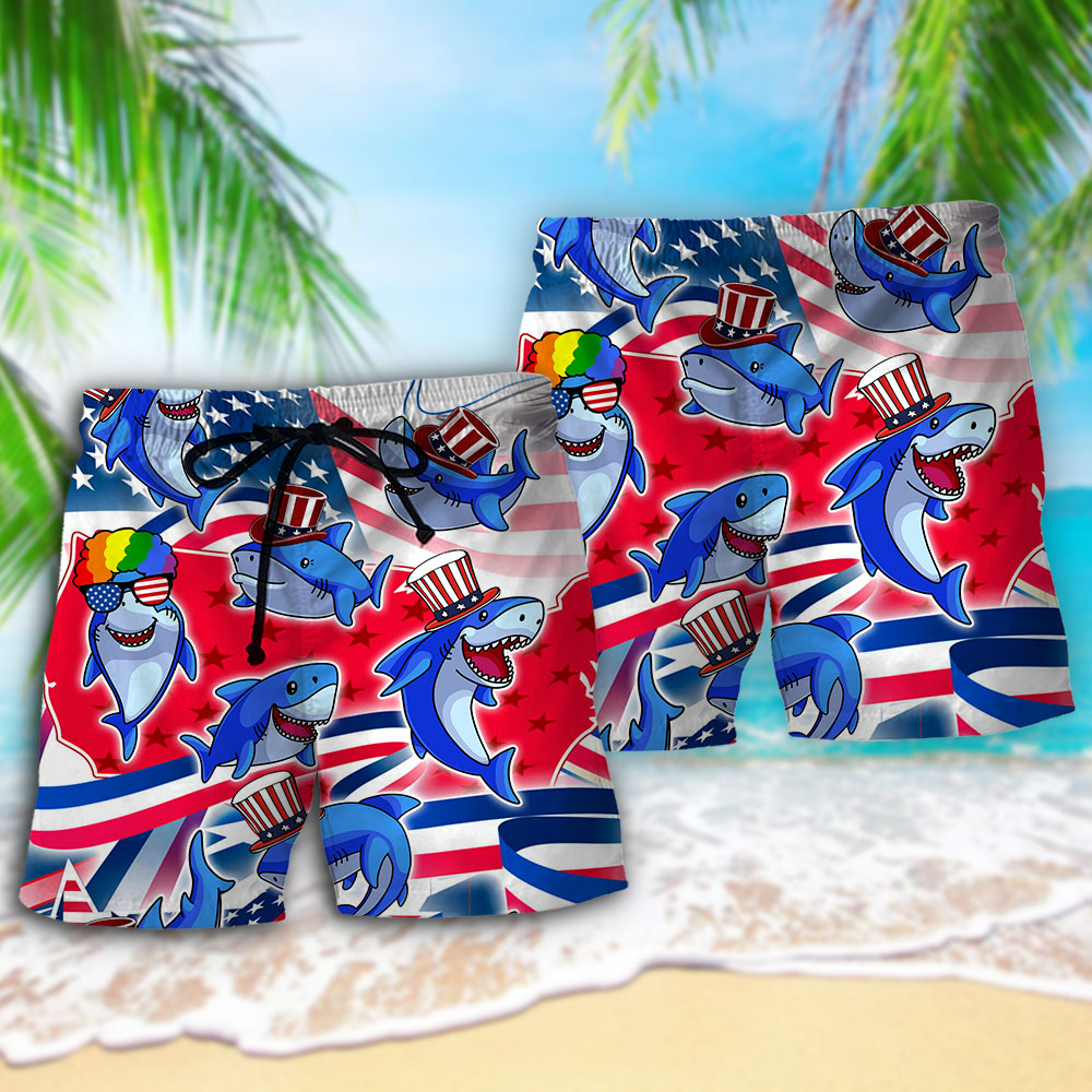 Shark Funny USA Flag Independence Day - Beach Short - Owls Matrix LTD