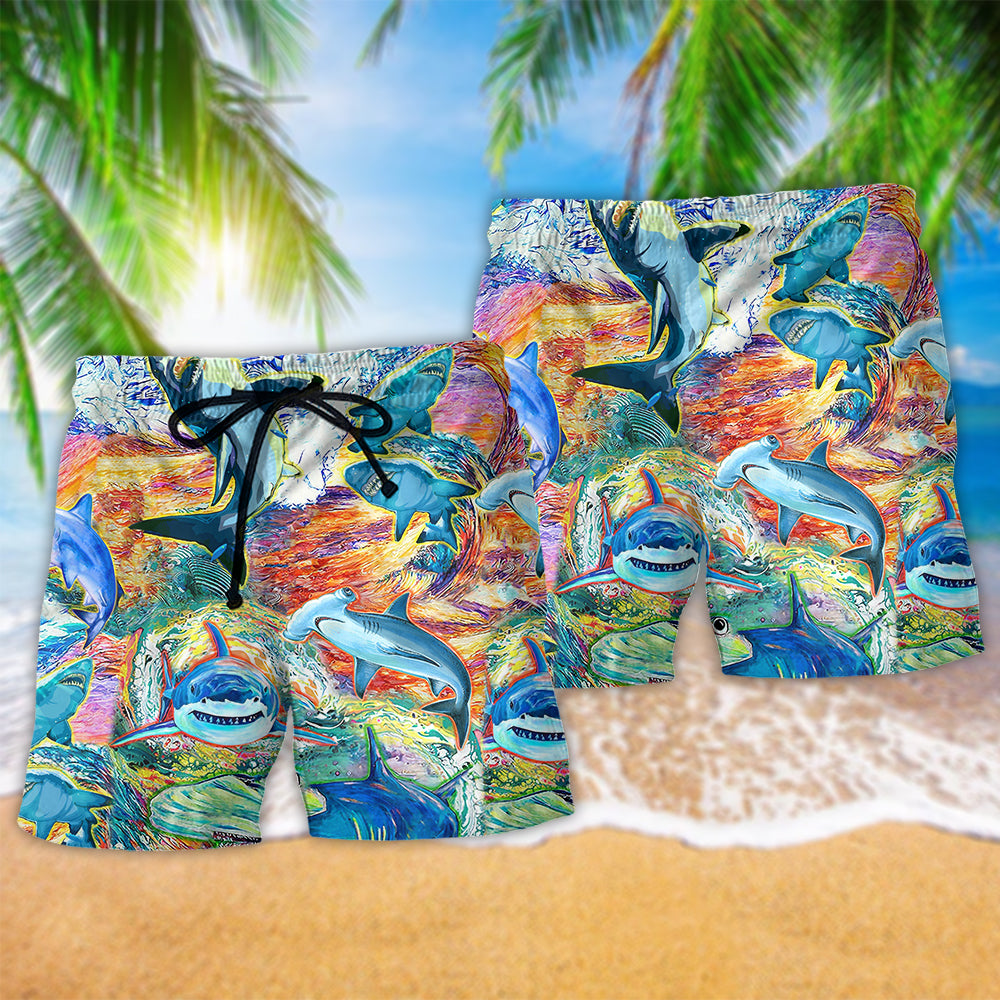 Colorful Shark Painting Art - Beach Short