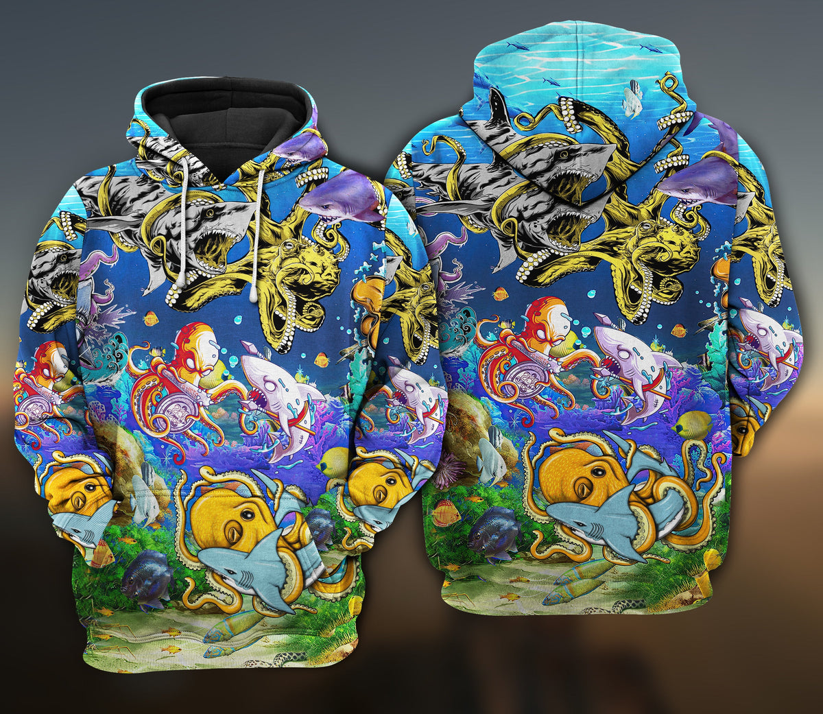 Shark Fighting Octopus Ocean Art – 3D Hoodie