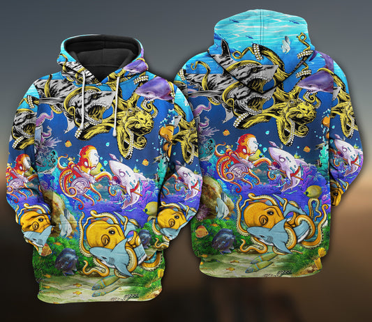 Shark Fighting Octopus Ocean Art – 3D Hoodie