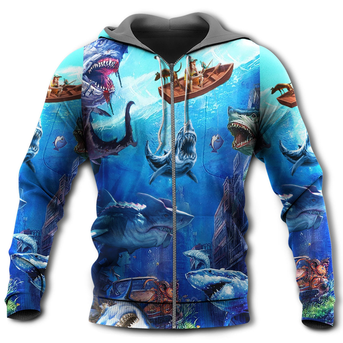 Shark Fishing Small Boat Style - 3D Hoodie2