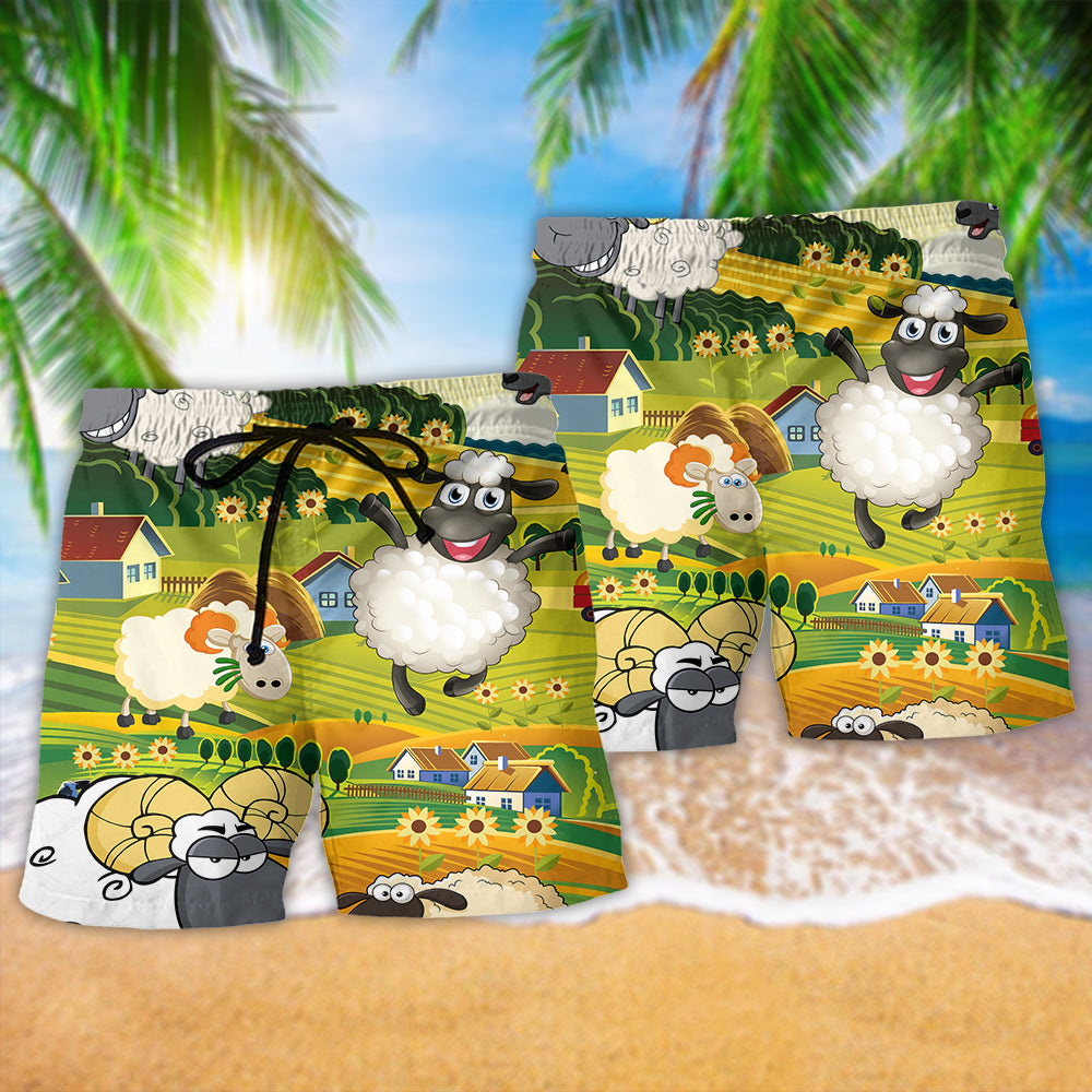Sheep Happiness Peaceful Landscape Art – Beach Short