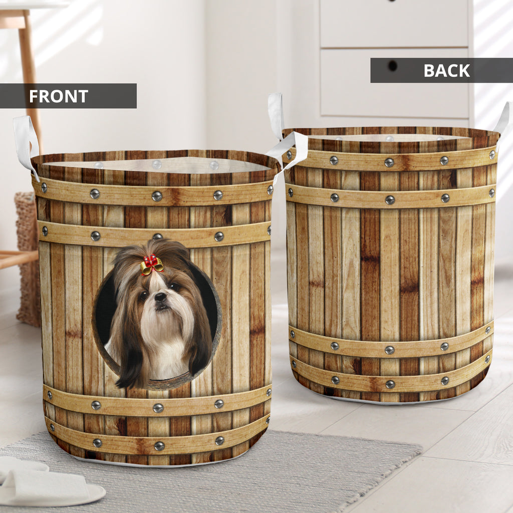 Shih Tzu - Wooden Barrel - Laundry Basket - Owls Matrix LTD