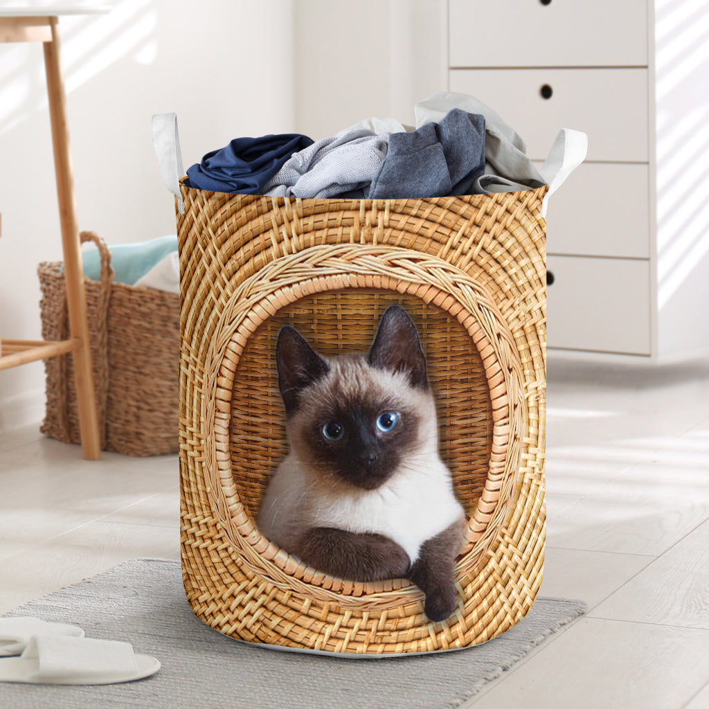 Cat Cute Siamese Cat Bamboo Wave - Laundry Basket - Owls Matrix LTD