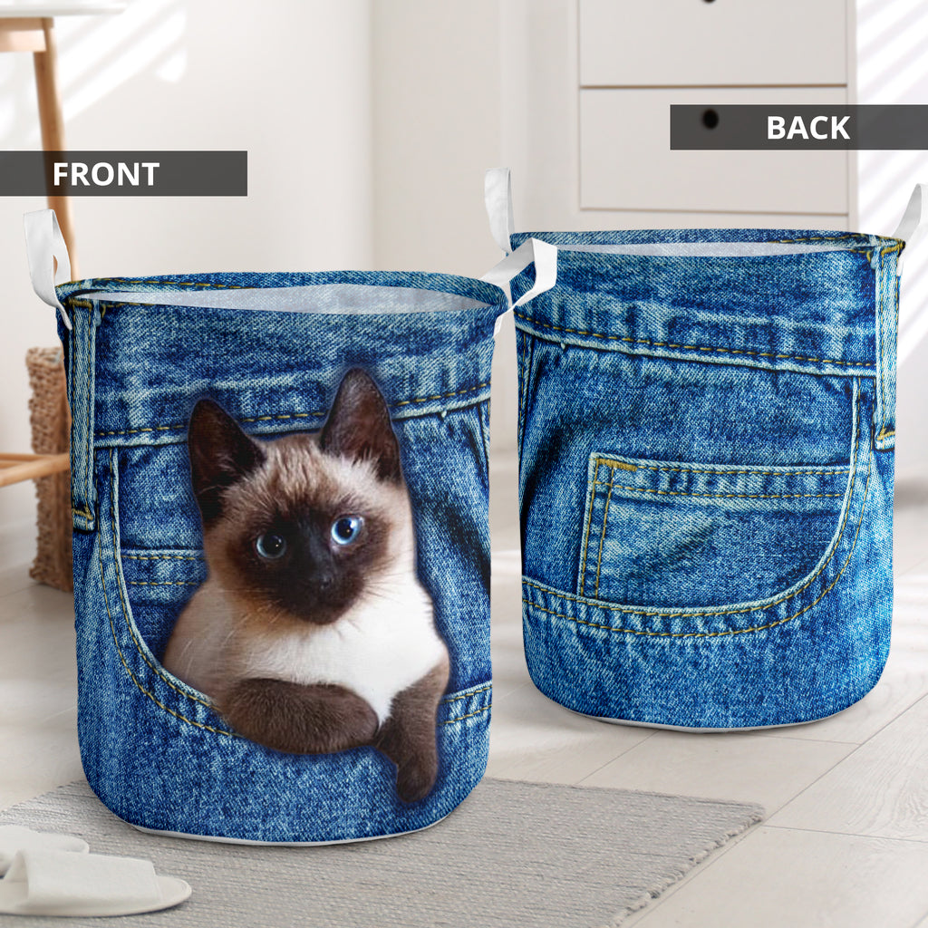 Cat Cute Siamese Cat Jean Pocket - Laundry Basket - Owls Matrix LTD