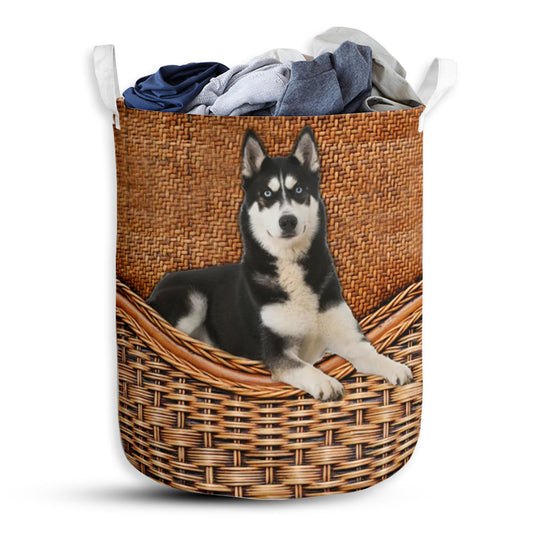 Siberian Husky Dog Rattan Teaxture - Laundry Basket - Owls Matrix LTD