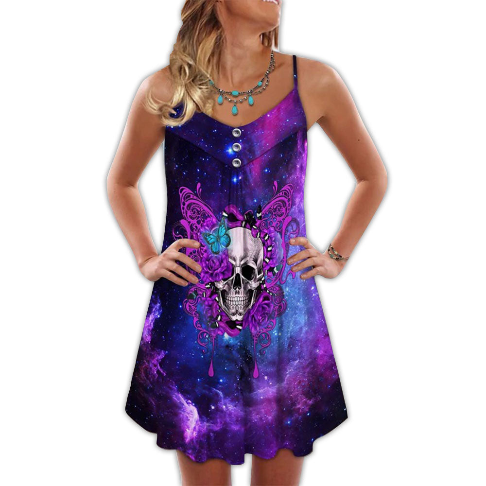 Purple Butterfly Skull Mysterious – Women's Summer Sleeveless V-Neck Camisole Dress