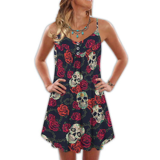 Tropical Sugar Skull Rose – Women's Summer Sleeveless V-Neck Camisole Dress