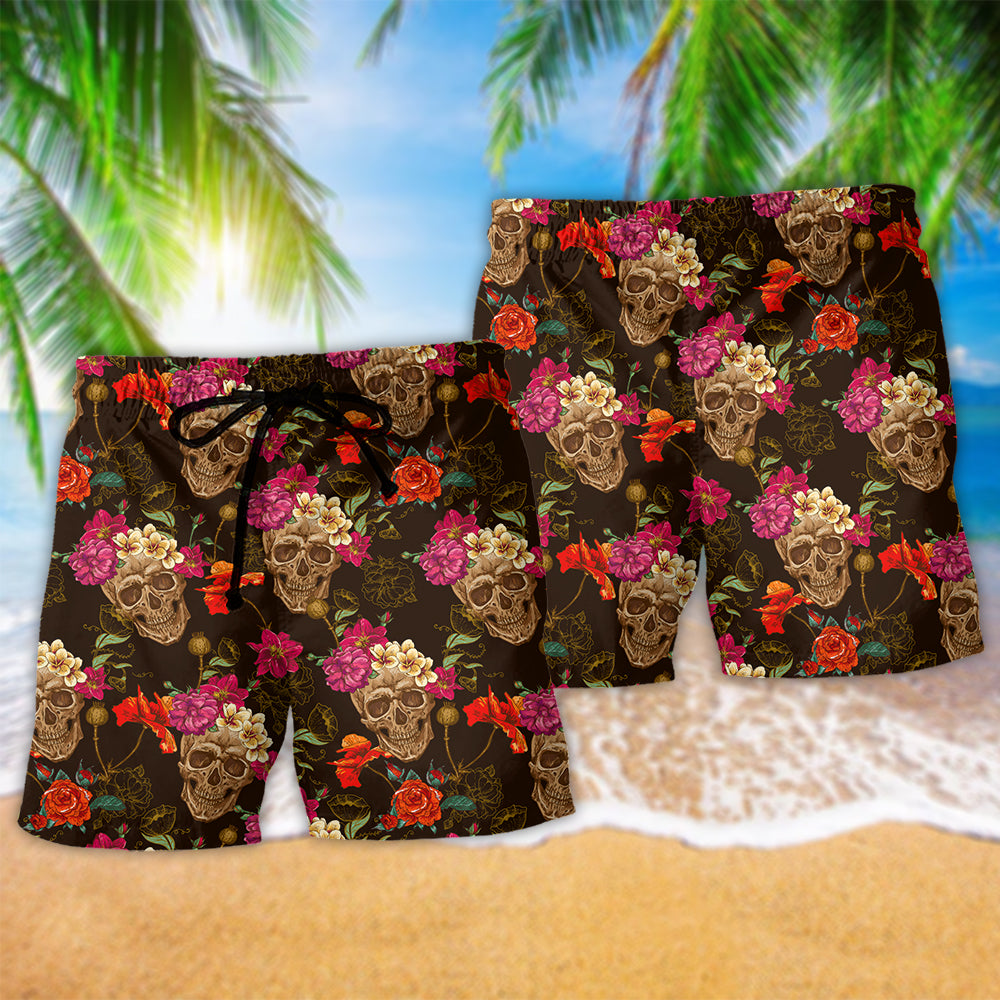 Sugar Skull With Flowers Vibrant Art – Beach Short
