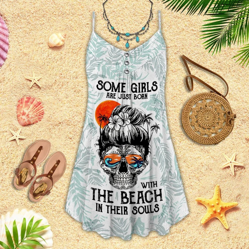 Beach Soul Skull Theme – Women's Summer Sleeveless V-Neck Camisole Dress