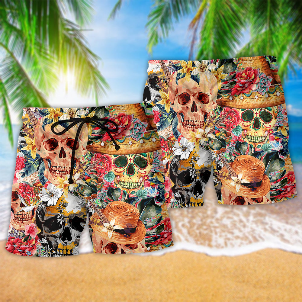 Floral Skull Beauty Art - Beach Short