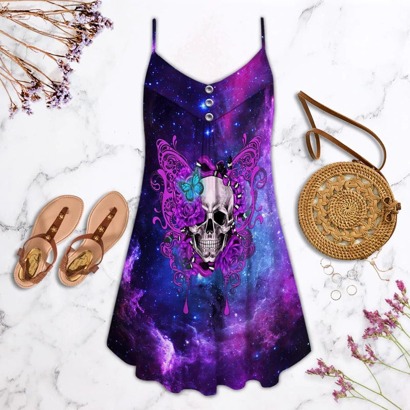 Purple Butterfly Skull Mysterious – Women's Summer Sleeveless V-Neck Camisole Dress