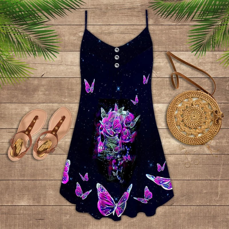 Black Butterfly Skull Style – Women's Summer Sleeveless V-Neck Camisole Dress