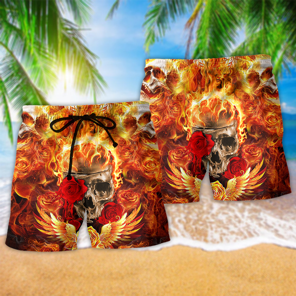 Skull Rose Flaming Fire - Beach Short