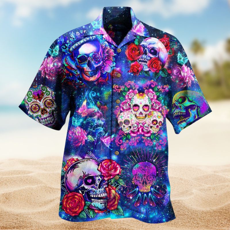 Skull Flowers Night Day Of The Dead Edition - Hawaiian Shirt